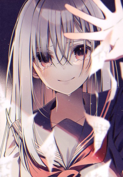Anime-Bild 3208x4619 mit original oshio (dayo) single long hair tall image looking at viewer blush fringe highres simple background hair between eyes red eyes standing absurdres silver hair upper body arm up blurry scan tears