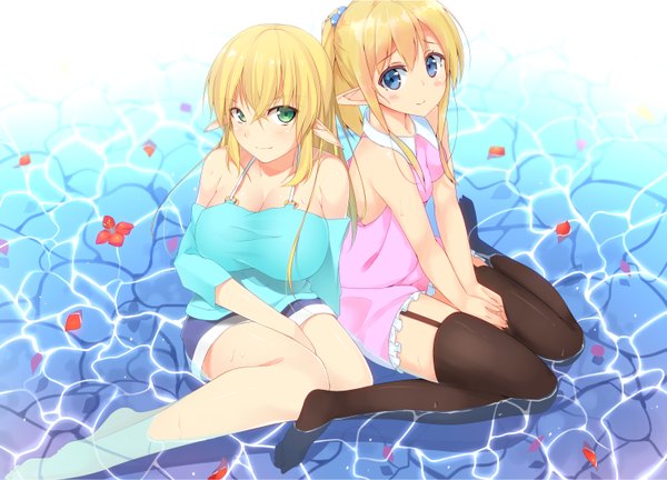Anime picture 2953x2128 with original nakadadaichi long hair looking at viewer blush highres breasts blue eyes blonde hair large breasts multiple girls green eyes pointy ears elf girl thighhighs black thighhighs 2 girls petals water