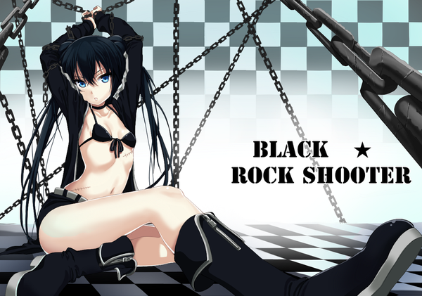Anime picture 1088x765 with black rock shooter black rock shooter (character) mx2j (nsh6394) single long hair looking at viewer blue eyes black hair sitting twintails arms up legs scar checkered background girl shorts boots chain bikini top