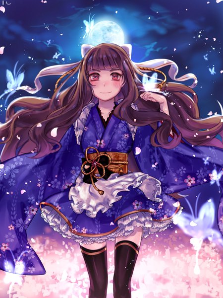 Anime picture 1200x1600 with idolmaster idolmaster cinderella girls kamiya nao shan single long hair tall image looking at viewer blush fringe red eyes brown hair blunt bangs traditional clothes japanese clothes light smile night wide sleeves night sky floral print