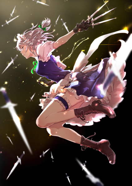 Anime picture 1129x1593 with touhou izayoi sakuya kaazu single tall image fringe short hair blue eyes simple background hair between eyes holding looking away silver hair full body bent knee (knees) braid (braids) profile sparkle short sleeves depth of field