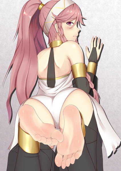 Anime picture 744x1052 with fire emblem fire emblem awakening olivia (fire emblem) pokokaki single long hair tall image looking at viewer blush fringe light erotic simple background hair between eyes pink hair ass ponytail lying braid (braids) profile pink eyes