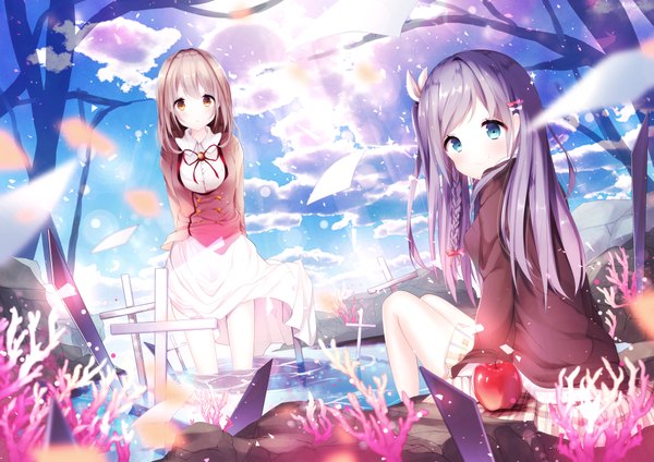 Anime picture 4093x2894 with original kabako (lilypicture410v) long hair looking at viewer highres breasts blue eyes standing sitting multiple girls brown eyes pink hair absurdres sky purple hair cloud (clouds) braid (braids) looking back sunlight wet