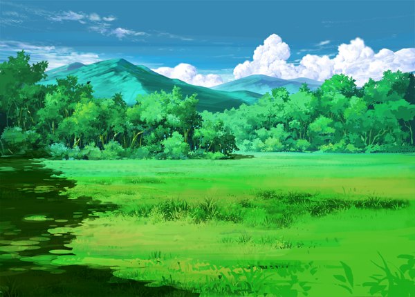 Anime picture 1000x717 with original saitama_bg sky cloud (clouds) shadow mountain no people landscape scenic plant (plants) tree (trees) grass