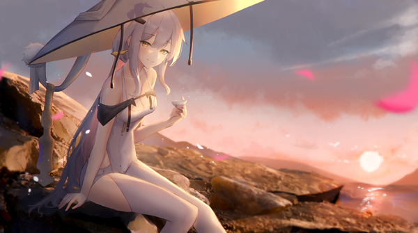 Anime picture 5182x2889 with goddess of victory: nikke scarlet (nikke) maviss 03 single long hair looking at viewer fringe highres breasts light erotic hair between eyes wide image sitting bare shoulders holding yellow eyes absurdres sky cleavage cloud (clouds)