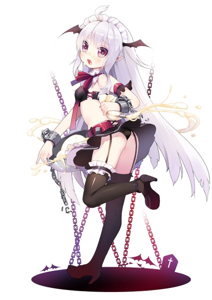Anime picture 1057x1500 with original mvv single long hair tall image blush open mouth light erotic white background purple eyes white hair maid pantyshot head wings girl thighhighs underwear panties black thighhighs wings