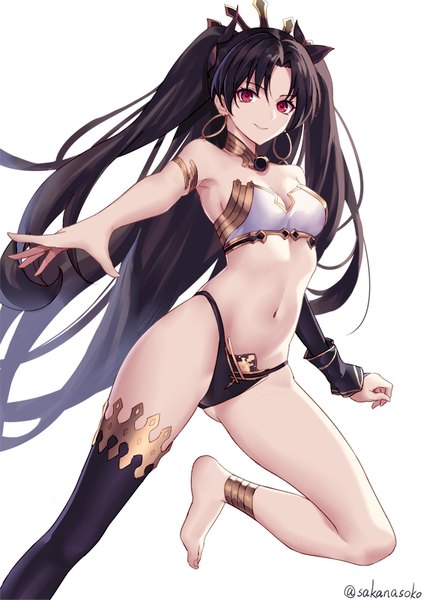 Anime picture 566x800 with fate (series) fate/grand order ishtar (fate) sakanasoko single tall image looking at viewer fringe breasts light erotic black hair simple background smile hair between eyes red eyes standing white background bare shoulders signed bent knee (knees)