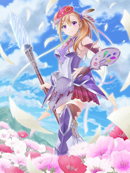 Anime picture 1330x1760 with etora (pixiv 4122611) single tall image blonde hair purple eyes sky cloud (clouds) ponytail girl thighhighs gloves flower (flowers) necktie elbow gloves headdress armor feather (feathers) staff palette