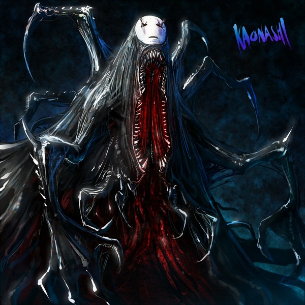 Anime picture 2000x2000 with spirited away studio ghibli no face (spirited away) misawa k single highres open mouth horn (horns) teeth shiny skin light dark background smoke no people ghost sharp teeth shiny shiny clothes screaming broken