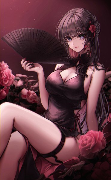 Anime picture 1000x1619 with original ha yusa single long hair tall image looking at viewer fringe breasts blue eyes light erotic black hair large breasts sitting bare shoulders holding cleavage bent knee (knees) nail polish traditional clothes multicolored hair