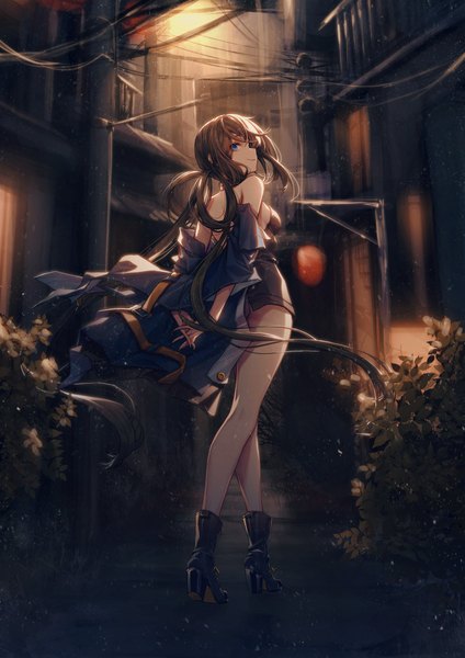 Anime picture 1415x2000 with original de da xianyu single tall image looking at viewer fringe breasts blue eyes smile hair between eyes brown hair standing twintails bare shoulders holding full body ponytail very long hair profile looking back