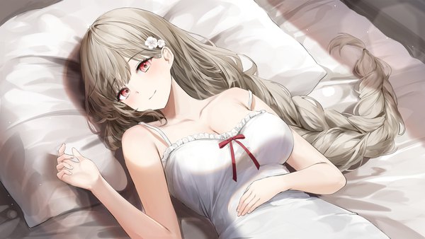 Anime picture 3840x2160 with original lillly single long hair looking at viewer blush fringe highres breasts smile red eyes brown hair wide image large breasts absurdres cleavage indoors lying blunt bangs braid (braids)