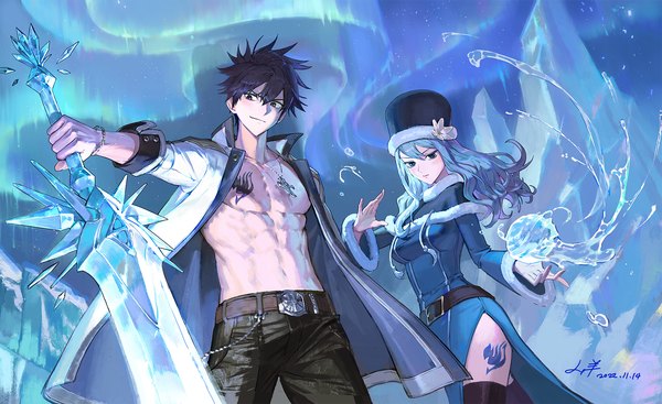Anime picture 1700x1039 with fairy tail gray fullbuster juvia lockser san yang long hair fringe short hair black hair hair between eyes wide image blue hair tattoo magic dated side slit muscle spiked hair abs aurora borealis girl
