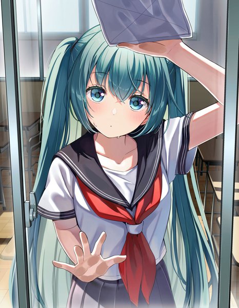 Anime picture 1000x1288 with vocaloid hatsune miku yuuka nonoko single long hair tall image looking at viewer blush fringe blue eyes hair between eyes twintails indoors head tilt aqua hair sweat classroom against glass cleaning girl