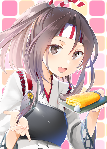 Anime picture 800x1119 with kantai collection zuihou light aircraft carrier yuna (yukiyuna) single long hair tall image open mouth brown hair brown eyes upper body ponytail :d girl food hairband armor breastplate muneate omelet tamagoyaki