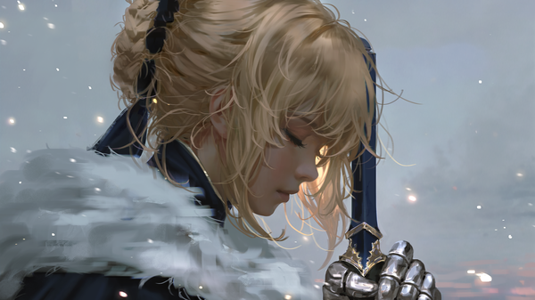 Anime picture 6553x3686 with fate (series) fate/stay night artoria pendragon (all) saber nixeu single fringe highres short hair blonde hair wide image holding payot absurdres eyes closed profile realistic hair bun (hair buns) fur trim braided bun