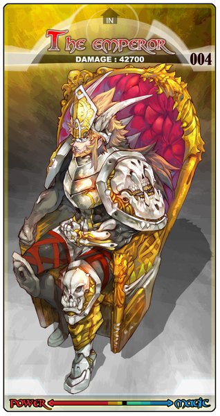 Anime picture 1100x2070 with tarot (game) ryushin single long hair tall image looking at viewer red eyes sitting multicolored hair horn (horns) boy armor helmet beard throne