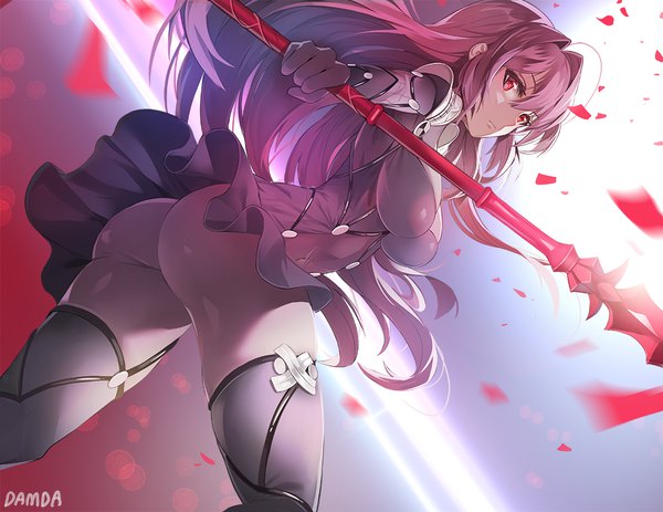 Anime picture 1000x772 with fate (series) fate/grand order scathach (fate) (all) scathach (fate) damda single long hair looking at viewer fringe breasts light erotic hair between eyes red eyes large breasts standing holding signed purple hair ahoge ass