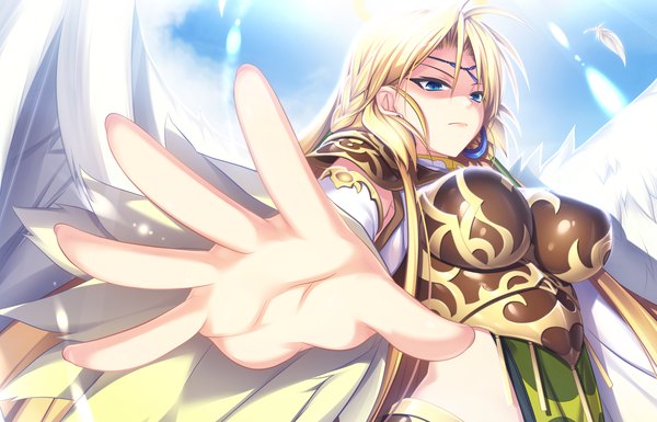 Anime picture 1792x1152 with tenbin no la dea eushully single long hair highres breasts blue eyes light erotic blonde hair game cg girl wings feather (feathers)