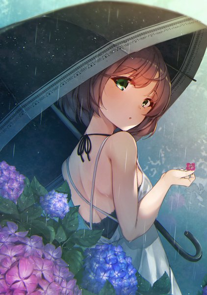 Anime picture 2549x3624 with original waterdog single tall image looking at viewer blush highres short hair breasts open mouth brown hair standing bare shoulders green eyes outdoors looking back from behind :o rain girl
