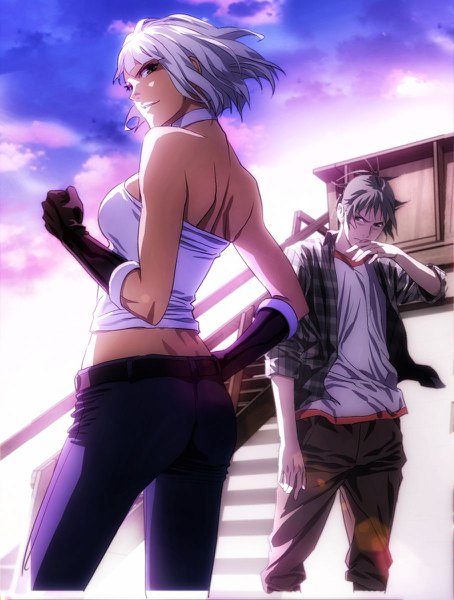 Anime picture 908x1200 with hitori no shita: the outcast chulan zhang shayan fan tall image looking at viewer short hair breasts smile brown hair standing bare shoulders looking away sky silver hair cloud (clouds) ahoge outdoors wind black eyes official art