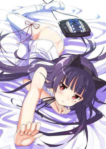 Anime picture 825x1159 with ore no imouto ga konna ni kawaii wake ga nai gokou ruri metallican single long hair tall image looking at viewer blush light erotic red eyes animal ears purple hair cat ears girl thighhighs underwear panties white thighhighs bag