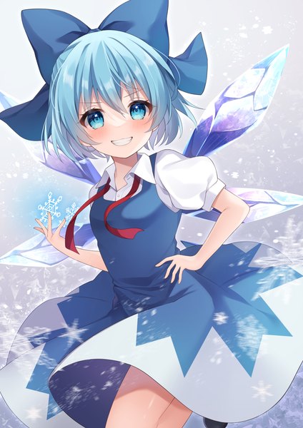 Anime picture 2894x4093 with touhou cirno sisterakuma single tall image looking at viewer blush fringe highres short hair blue eyes smile hair between eyes blue hair puffy sleeves grin girl dress bow hair bow