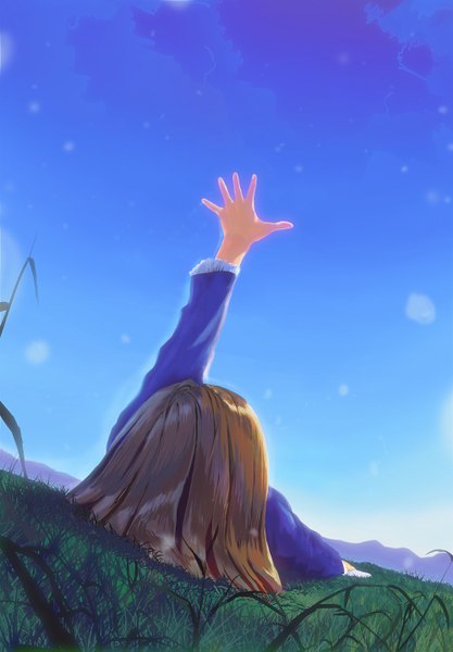 Anime picture 1000x1437 with original akio-bako (artist) single tall image brown hair sky cloud (clouds) lying on back mountain girl plant (plants)
