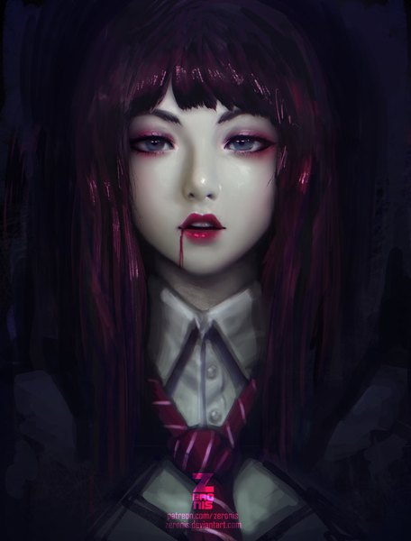Anime picture 868x1140 with original paul (shiramune) single long hair tall image looking at viewer fringe blue eyes black hair signed pink hair upper body lips realistic teeth lipstick eyeshadow red lipstick white skin girl