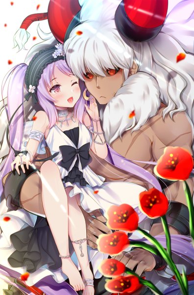 Anime picture 1600x2424 with fate (series) fate/grand order fate/hollow ataraxia pixiv fate/grand order contest 2 euryale (fate) asterios (fate/grand order) ko yu long hair tall image blush fringe open mouth simple background smile hair between eyes red eyes standing white background sitting purple eyes