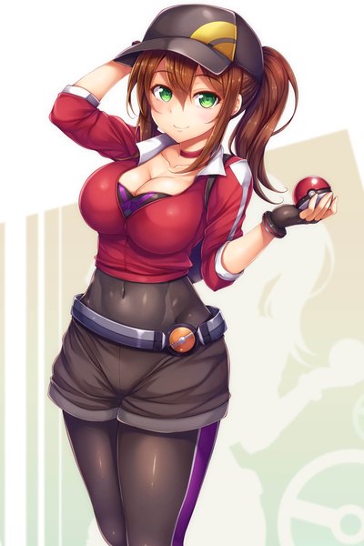 Anime picture 1500x2246 with pokemon pokemon (game) pokemon go nintendo female protagonist (pokemon go) snowcanvas single long hair tall image looking at viewer blush fringe breasts smile hair between eyes brown hair large breasts holding green eyes payot