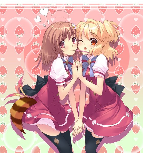 Anime picture 1200x1286 with flyable heart inaba yui sumeragi amane itou noiji tall image short hair blonde hair red eyes brown hair multiple girls one eye closed wink mouth hold holding hands girl thighhighs black thighhighs 2 girls serafuku food