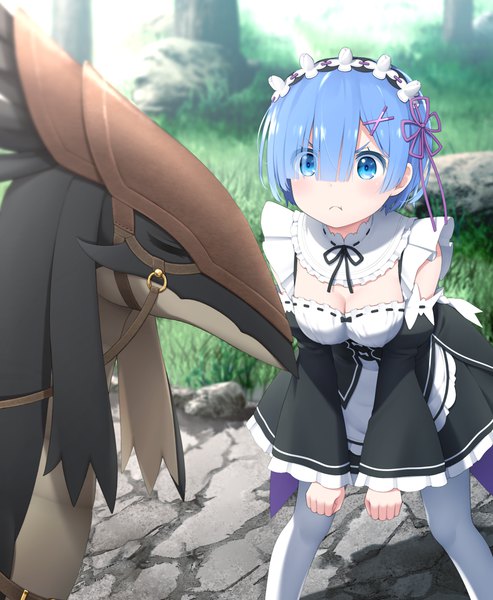 Anime picture 913x1111 with re:zero kara hajimeru isekai seikatsu white fox rem (re:zero) haribote (tarao) tall image blush fringe short hair blue eyes blue hair hair over one eye maid :t girl dress uniform detached sleeves frills headdress maid headdress