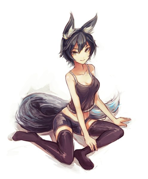 Anime picture 1239x1497 with original saimon ma single tall image short hair breasts black hair simple background smile white background sitting bare shoulders yellow eyes cleavage shadow spread legs no shoes fox ears fox tail fox girl
