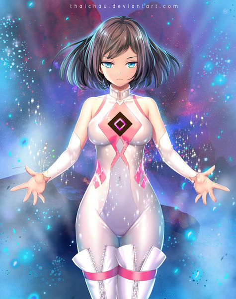 Anime picture 1024x1293 with original riiya (mabong1989) single tall image looking at viewer fringe short hair breasts blue eyes light erotic brown hair bare shoulders signed sparkle thigh gap covered navel spread arms space girl detached sleeves