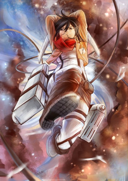 Anime picture 1263x1785 with shingeki no kyojin production i.g mikasa ackerman tagme (artist) single tall image short hair brown hair brown eyes open clothes open jacket jumping battle girl weapon jacket scarf red scarf
