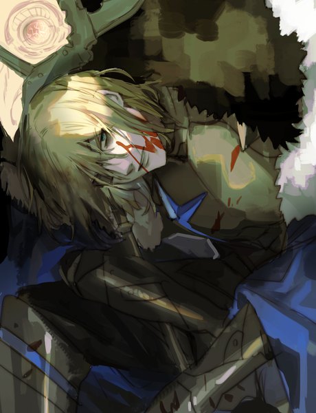 Anime picture 920x1200 with fire emblem fire emblem: three houses nintendo dimitri alexandre blaiddyd mikuroron single tall image looking at viewer fringe short hair blue eyes blonde hair hair between eyes sitting parted lips blood on face boy blood eyepatch
