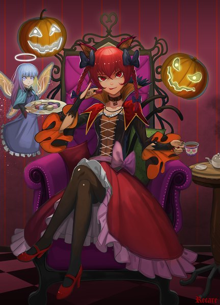 Anime picture 1240x1721 with touhou kaenbyou rin zombie fairy recare long hair tall image looking at viewer fringe smile hair between eyes red eyes sitting purple eyes multiple girls signed animal ears payot blue hair red hair tail