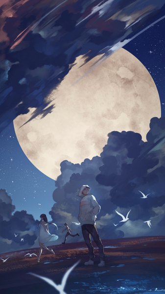 Anime picture 2304x4096 with original hanyijie long hair tall image looking at viewer fringe highres short hair black hair standing bare shoulders looking away cloud (clouds) bent knee (knees) profile looking back barefoot from behind night multiple boys