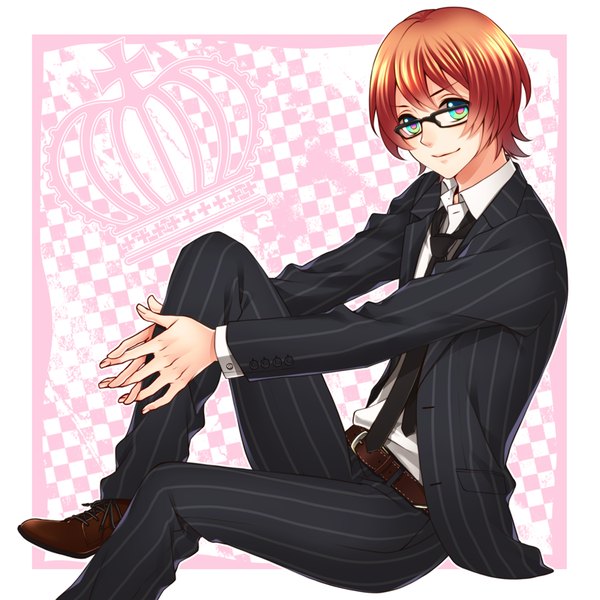 Anime picture 800x800 with uta no prince-sama a-1 pictures tsukimiya ringo rio (rio 01) single looking at viewer fringe short hair smile brown hair sitting bent knee (knees) multicolored eyes leg hug boy glasses necktie suit crown