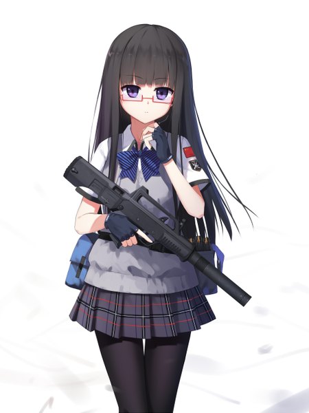 Anime-Bild 2000x2666 mit original hagi (ame hagi) single long hair tall image looking at viewer highres black hair white background purple eyes girl skirt uniform weapon school uniform pantyhose glasses black pantyhose gun