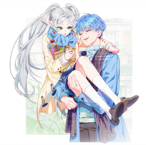 Anime picture 1002x992 with sousou no frieren frieren himmel (sousou no frieren) ahdqkd 112 long hair short hair twintails green eyes blue hair looking away silver hair eyes closed pointy ears alternate costume couple border elf outside border carrying contemporary