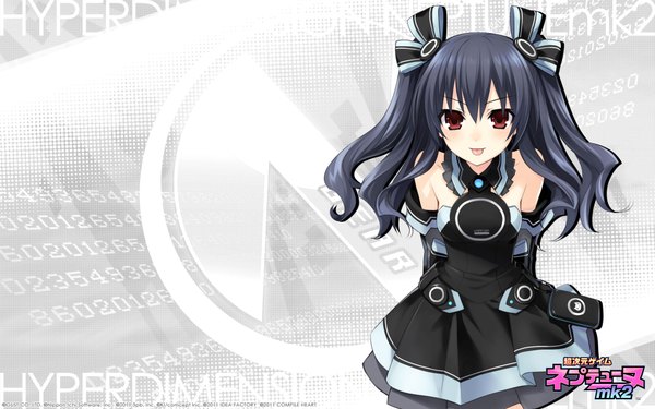Anime picture 1920x1200 with choujigen game neptune hyperdimension neptunia mk2 uni (choujigen game neptune) tsunako single long hair highres black hair red eyes wide image twintails bare shoulders official art :p girl dress bow hair bow detached sleeves tongue