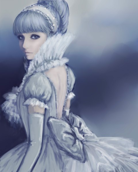 Anime picture 1536x1920 with the story of cinderella cinderella lilicohime single tall image blue eyes simple background blue hair back blue background eyeshadow sad girl dress gloves bow choker elbow gloves hairband