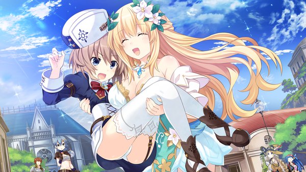 Anime picture 3840x2160 with choujigen game neptune vert blanc tamsoft (choujigen game neptune) tsunako long hair highres short hair breasts open mouth blue eyes light erotic blonde hair brown hair wide image large breasts bare shoulders multiple girls absurdres game cg
