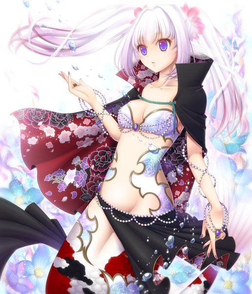 Anime picture 1000x1165 with original hayabusa koi single long hair tall image breasts blue eyes light erotic twintails white hair midriff girl flower (flowers) bubble (bubbles) beads mermaid