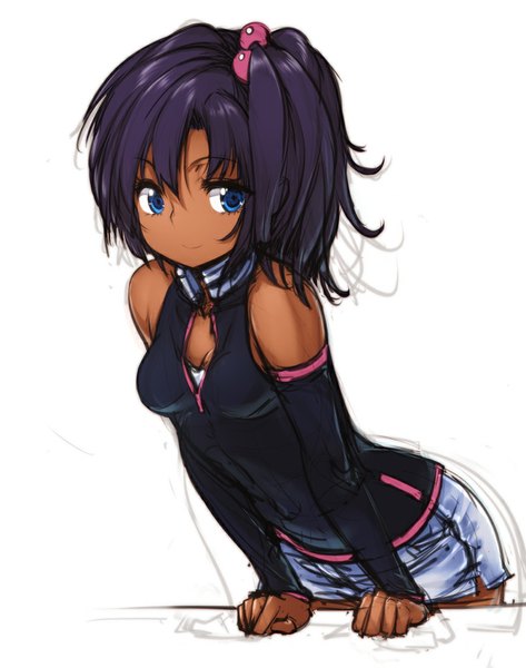 Anime picture 788x1000 with sd gundam g generation rachel ransom zizi (zz22) single tall image looking at viewer blue eyes simple background smile white background bare shoulders purple hair dark skin sketch girl detached sleeves shorts short shorts white shorts