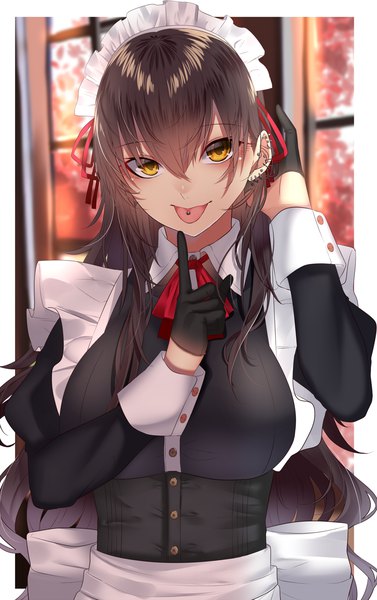 Anime picture 945x1503 with original onineko-chan single long hair tall image looking at viewer blush fringe breasts hair between eyes brown hair large breasts yellow eyes upper body indoors blurry maid piercing ear piercing arm behind head