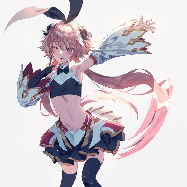 Anime picture 1300x1300 with fate (series) fate/apocrypha astolfo (fate) astolfo (saber) (fate) fajyobore single long hair looking at viewer fringe simple background hair between eyes white background pink hair one eye closed pink eyes multicolored hair wink two-tone hair armpit (armpits) midriff