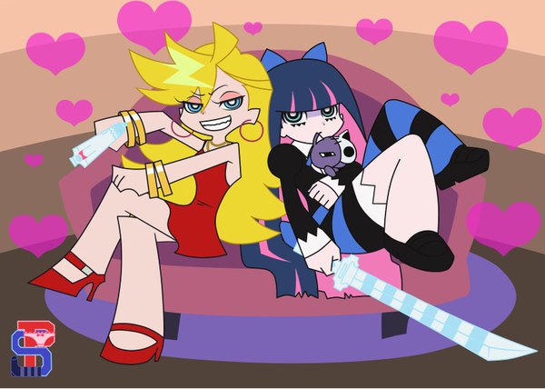 Anime picture 1600x1143 with panty & stocking with garterbelt anarchy stocking anarchy panty long hair highres blonde hair bare shoulders multiple girls purple hair multicolored hair grin colored inner hair back to back girl thighhighs dress bow weapon 2 girls hair bow